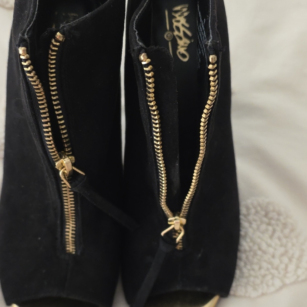 Mossimo Supply Co. Black Suede Peep-Toe Ankle Boots with Gold Trim - Picture 2 of 14